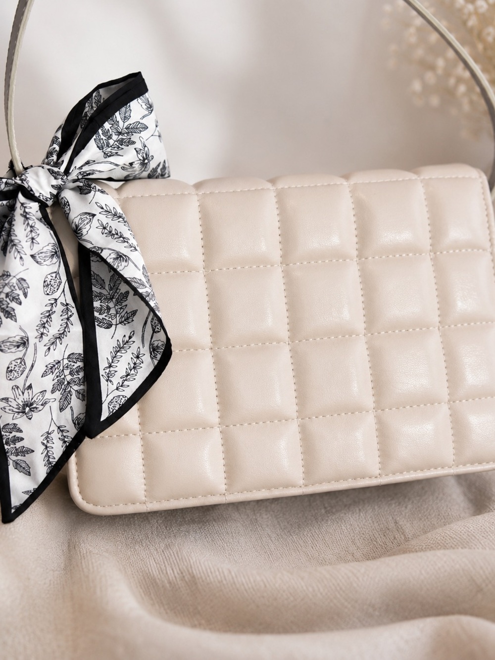 H&M Quilted Cream Clutch with Black-Trim Scarf